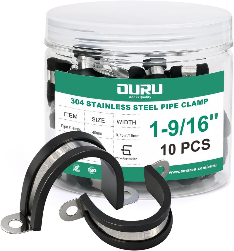 ORU 10pcs 1-9/16 Inch Pipe Clamp 304 Stainless Steel, Heavy Duty Rubber Cushioned Insulated Pipe Strap, U Bracket Clamp Conduit Clamp for Automotive, Wire & Tube - Image 1